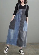 Modern Colorblock Oversized Patchwork Pockets Denim Strap Dress